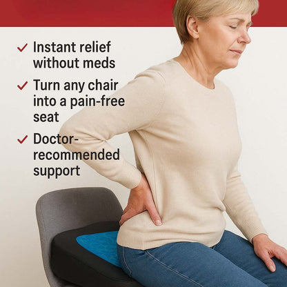Woman sitting on a chair with back pain relief product, text about product benefits.